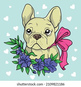 vector illustration bulldog puppy flowers bow animal