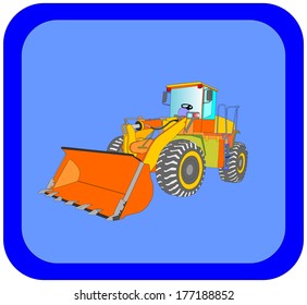 Vector illustration of bulldozer isolated on blue background. Construction sign vector. 