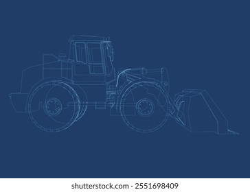 Vector illustration of bulldozer outline made of blue lines isolated on dark background. Side view. 3D