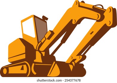 vector illustration of a bulldozer viewed from front side from a low angle on isolated white background done in retro style.
