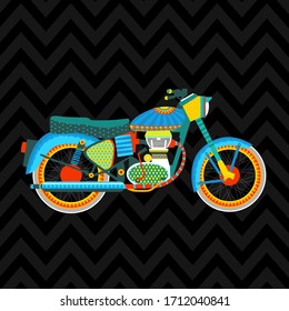 Vector illustration of bullet bike decorated with colorful elements and ornaments. Can be used as a template for your banner design, card, poster, placard, invitation, advertising, apparel, t-shirt