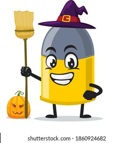 vector illustration of bullet mascot or character wearing witch costume and holding broom