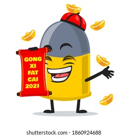 vector illustration of bullet mascot or character holding red scroll and says happy chinese new year 2021
