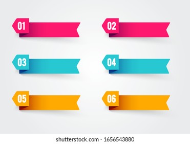 Vector illustration bullet point flags. Banner in retro color with number 1 to 6