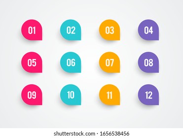 Vector illustration bullet point set. Marker in retro color. Pins with number 1 to 12.