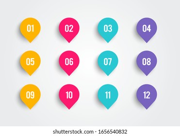 Vector illustration bullet point set. Marker in retro color. Pins with number 1 to 12.