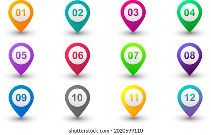 Vector illustration bullet point set. Marker in retro color. Pins with number 1 to 12.
