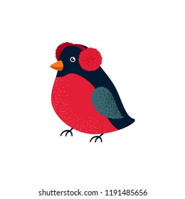Vector illustration of a bullfinch in a headphone isolated on white. Christmas illustration. 