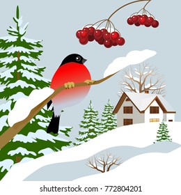 Vector illustration. Bullfinch on a branch in the background of a landscape.
