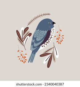 Vector illustration with bullfinch and red berries in vintage style. Isolated vector illustration with a bird.