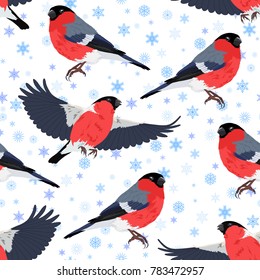 Vector illustration of bullfinch and snowflakes seamless pattern. Colorful birds and blue snowflakes on white background.