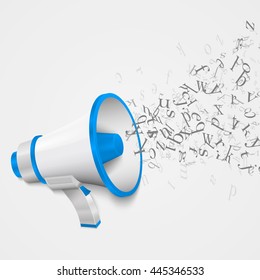 Vector illustration of bullhorn with flying letters. Loudspeaker for public speaking