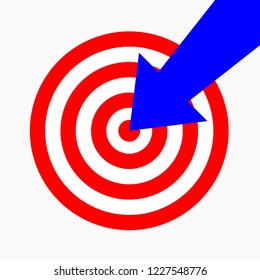 Vector illustration of bulls eyes with big blue arrow pointing at the center, representing the metaphor of business success - isolated on white background