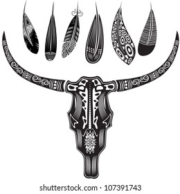 Vector illustration of a bull's skull with feathers in graphic style