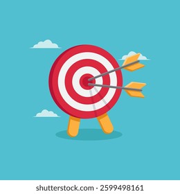 vector illustration of Bullseye Target with Arrows in Blue Sky Background. Ideal for themes of achievement and goal attainment.