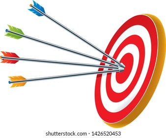 Vector illustration. Bullseye target with several arrows in its center.