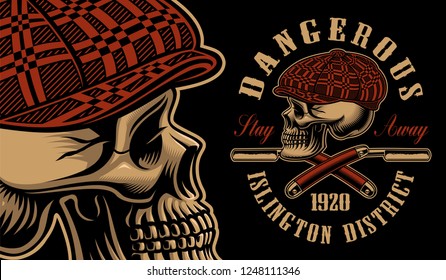 Vector illustration of a bully skull with the straight razors. Design for T-shirts. All elements, colors, text are on the separate groups.