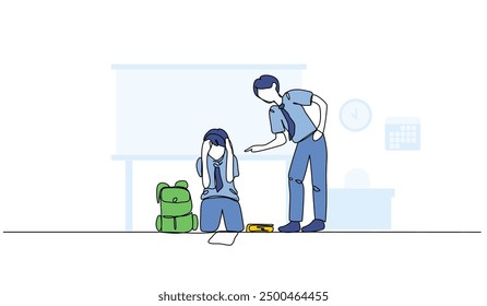 Ilustración vectorial del acoso escolar en clase. Piso moderno en estilo línea continua.