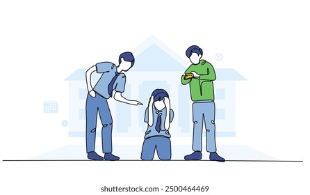 Vector illustration of bullying for social media photos. Modern flat in continuous line style.