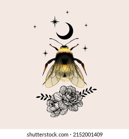 Vector illustration of bumblebee. For print for T-shirts and bags, decor element. Mystical and magical, astrology illustration