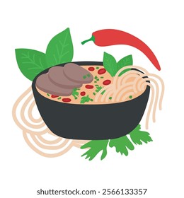 A Vector Illustration of Bun Bo Hue Soup in a Black Bowl with Noodles, Meat, Herbs, and Chili