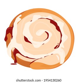 vector illustration of a bun with cinnamon jam and cream on top, isolated on a white background