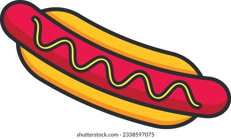 Vector illustration of a bun with hot dog. Junk street food.
