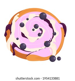 vector illustration of a bun with jam, cream and blackcurrant berries on top, isolated on a white background
