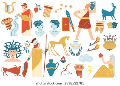 Vector illustration of a bunch of antique signs and symbols. Symbols of the gods of ancient Greece. Elements of mythology. Gods, animals, vases and columns.
