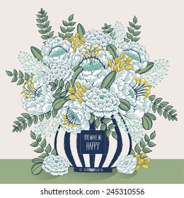 Vector illustration of a bunch of beautiful flowers in a striped vase. Beige background