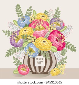 Vector illustration of a bunch of beautiful flowers in a striped vase. Beige background
