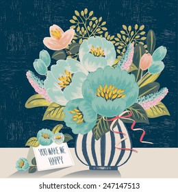 Vector illustration of a bunch of beautiful flowers in a striped vase with a card. Indigo background