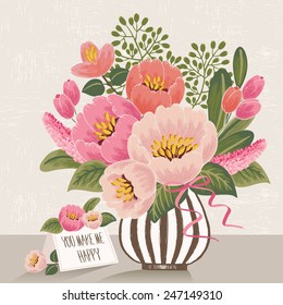 Vector illustration of a bunch of beautiful flowers in a striped vase with a card. Beige background