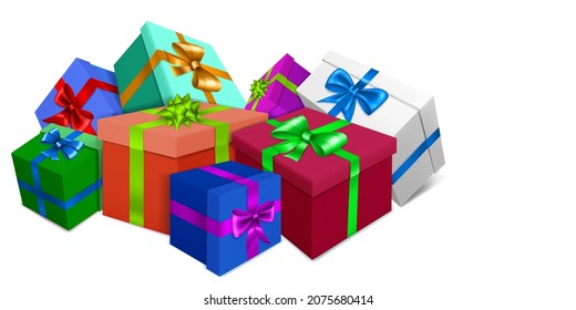 Ilustración vectorial con un montón de cajas de regalo de color con cintas y arcos sobre fondo blanco