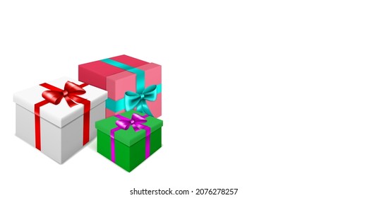 Vector illustration with bunch of colored gift boxes with ribbons and bows on white background
