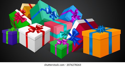 Vektorgrafik mit bunten Geschenkbox mit Bändern und Bögen auf schwarzem Hintergrund