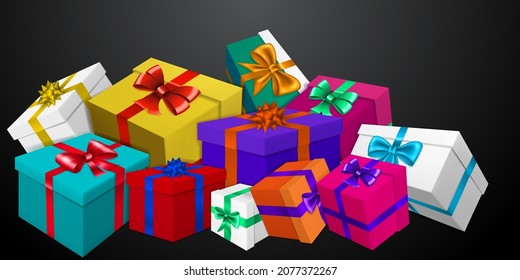 Vector illustration with bunch of colored gift boxes with ribbons and bows on black background