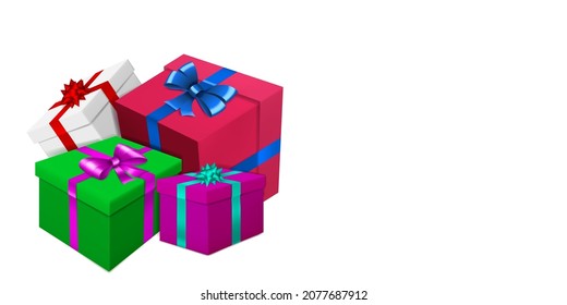 Ilustración vectorial con un montón de cajas de regalo de color con cintas y arcos sobre fondo blanco
