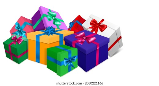 Ilustración vectorial con un montón de cajas de regalo de color con cintas y arcos sobre fondo blanco