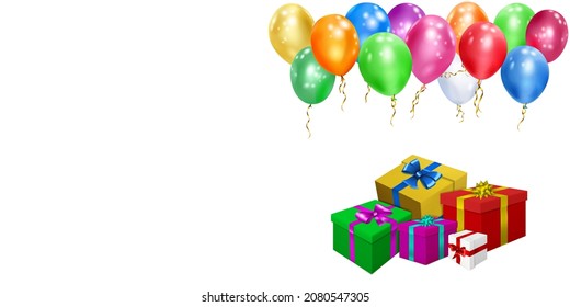 Ilustración vectorial con un montón de cajas de regalo de color con cintas y arcos y globos multicolor sobre fondo blanco