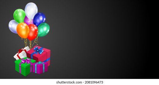 Ilustración vectorial con un montón de cajas de regalo de color con cintas y arcos y globos multicolor sobre fondo negro