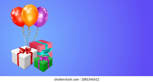 Vector illustration with bunch of colored gift boxes with ribbons and bows and multicolor balloons on blue background