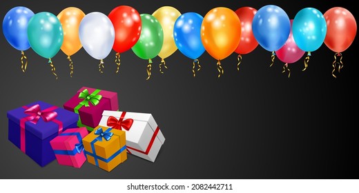 Vector illustration with bunch of colored gift boxes with ribbons and bows and multicolor balloons on black background