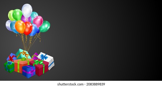 Ilustración vectorial con un montón de cajas de regalo de color con cintas y arcos y globos multicolor sobre fondo negro
