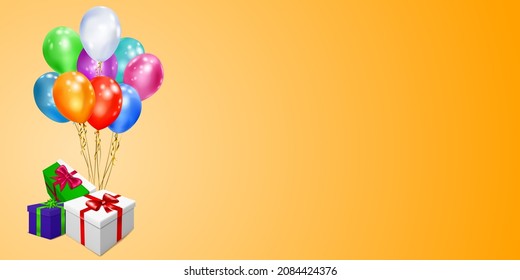 Vector illustration with bunch of colored gift boxes with ribbons and bows and multicolor balloons on yellow background