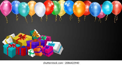 Vector illustration with bunch of colored gift boxes with ribbons and bows and multicolor balloons on black background