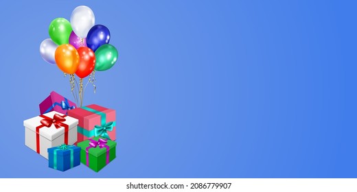 Vector illustration with bunch of colored gift boxes with ribbons and bows and multicolor balloons on light blue background