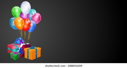 Vektorgrafik mit bunten Geschenkbox mit Bändern und Bögen und mehrfarbigen Ballons auf schwarzem Hintergrund