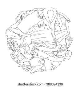 Vector illustration of a bunch of different clothes for coloring book