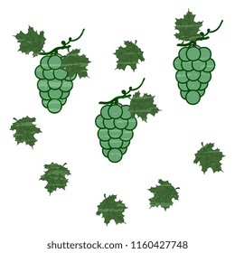 Vector illustration with a bunch of grapes, green leaves on a white background, with old vintage texture. Cute card template design.